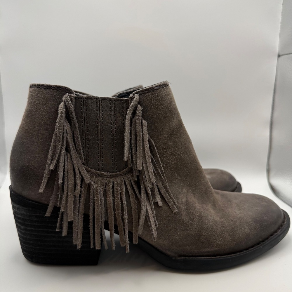 Born Taupe Suede Fringe Ankle Boots Western Boho Rodeo Block Heel Womens 8.5M